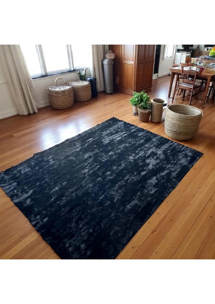 Şık Siyah Tavşan Derisi Halı - Yumuşak Salon Halısı, Modern Kaymaz Tabanlı Halı