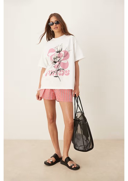 Trend Kadın Tişört - %100 Pamuk Paris Çiçek Baskılı Oversize Beyaz