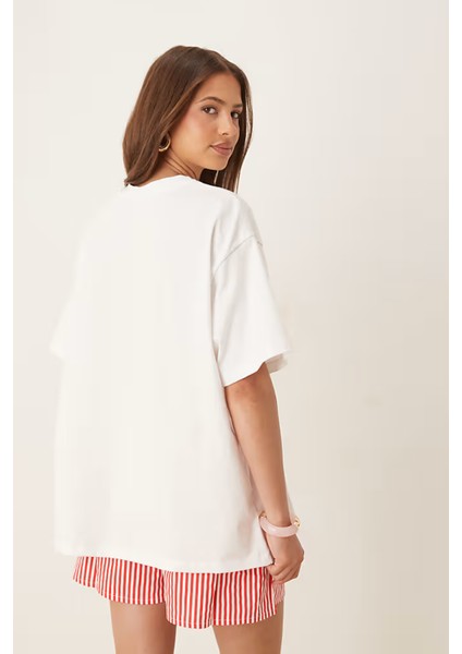 Trend Kadın Tişört - %100 Pamuk Paris Çiçek Baskılı Oversize Beyaz fırsatları