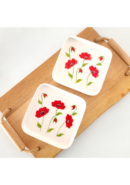 Kırmızı Gelincik Desen El Yapımı Kare Mini Sunum Tabağı 2'li