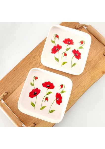 Kırmızı Gelincik Desen El Yapımı Kare Mini Sunum Tabağı 2'li fiyatları