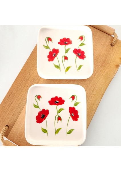 Kırmızı Gelincik Desen El Yapımı Kare Mini Sunum Tabağı 2'li modelleri