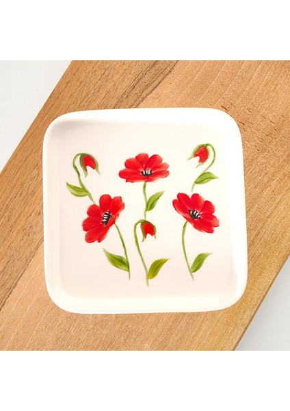 Kırmızı Gelincik Desen El Yapımı Kare Mini Sunum Tabağı 2'li indirimleri