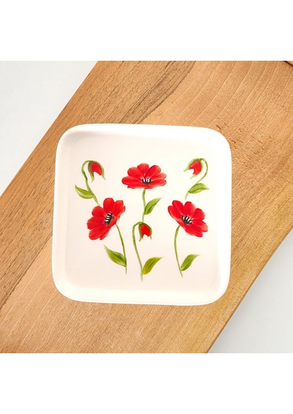 Kırmızı Gelincik Desen El Yapımı Kare Mini Sunum Tabağı 2'li