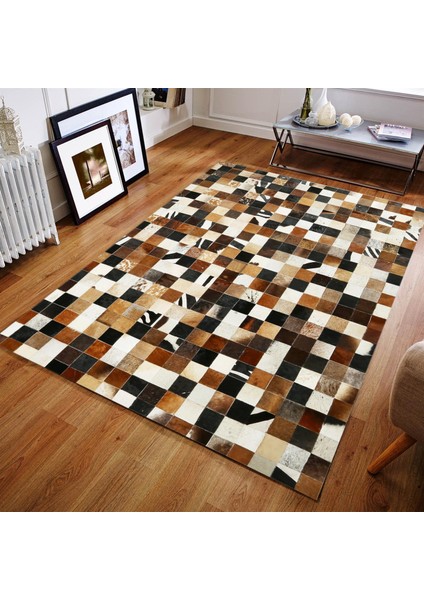 Çok Renkli El Yapımı Dana Derisi Halı, Hakiki Deri Patchwork Tasarım, Modern Salon Halısı