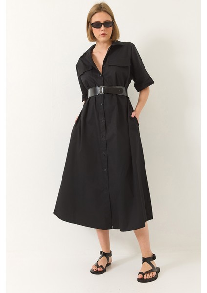 Kadın Düğme Kapamalı Cep Detaylı Kemerli Poplin Gömlek Elbise