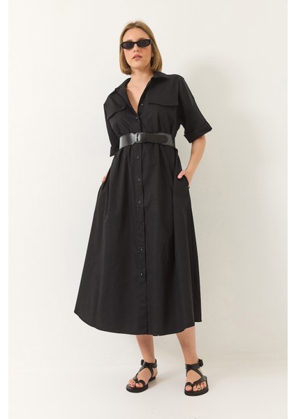 Kadın Düğme Kapamalı Cep Detaylı Kemerli Poplin Gömlek Elbise fiyatları