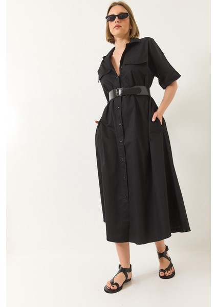 Kadın Düğme Kapamalı Cep Detaylı Kemerli Poplin Gömlek Elbise modelleri