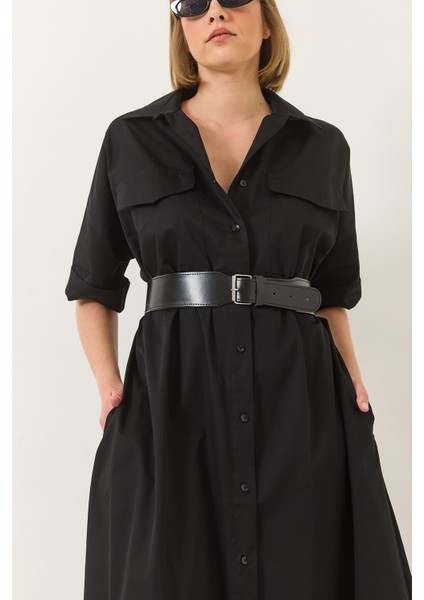 Kadın Düğme Kapamalı Cep Detaylı Kemerli Poplin Gömlek Elbise fırsatları