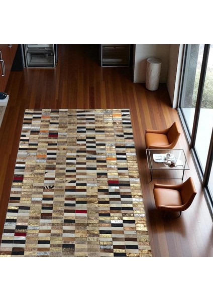 Altın Gümüş Dana Derisi Patchwork Halı – El Yapımı Işıltılı Lüks Salon Halısı