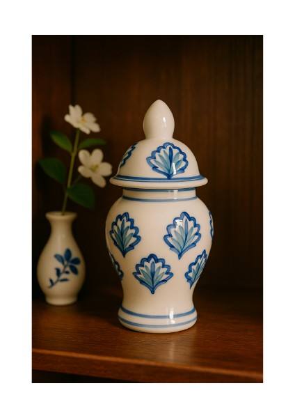 Vintage El Boyama Yaprak Desenli Kapaklı Küçük Şah Küp Vazo 1970’LER