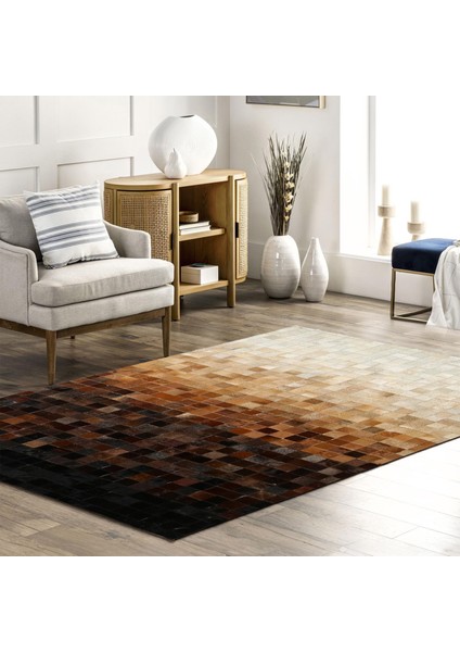 Kahverengi Geçişli Dana Derisi Patchwork Halı – El Yapımı Hakiki Deri Lüks Ev Dekorasyonu Halısı