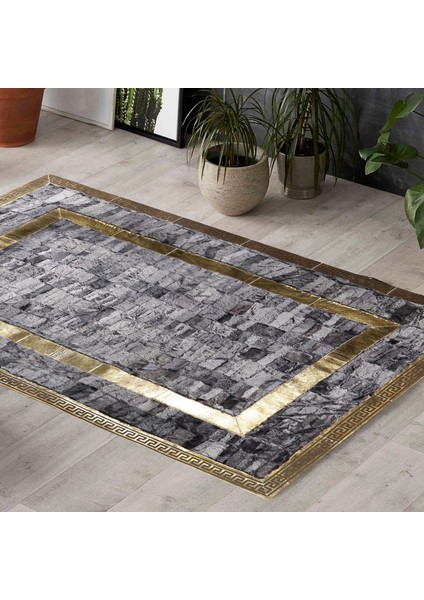 Altın Kenarlı Gri Koyun Derisi Halı, Modern El Yapımı Toskana Halı