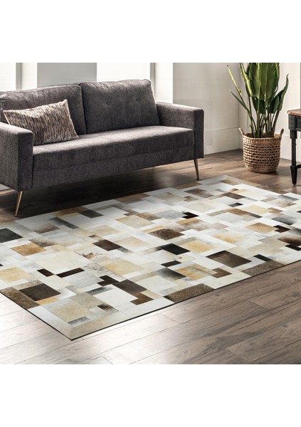 Bej Gri Doğal Dana Derisi Patchwork Halı – El Yapımı Hakiki Deri Modern Salon Halısı