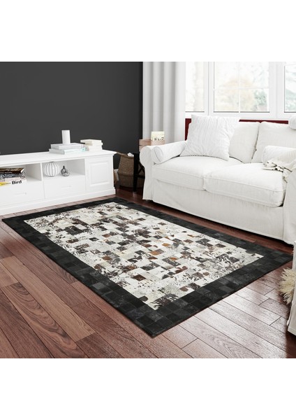 Siyah ve Beyaz Doğal Dana Derisi Patchwork Halı – El Dokuma Hakiki Deri Dekoratif Koridor Halısı