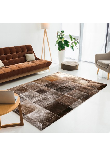 Kahverengi Tonlarında Doğal Dana Derisi Patchwork Halı – El Yapımı Hakiki Deri Lüks Giriş Halısı