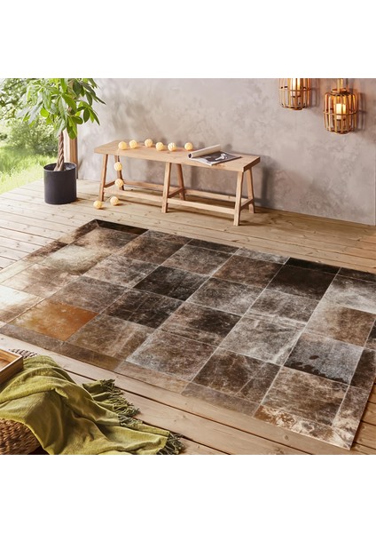 Kahverengi Tonlarında Doğal Dana Derisi Patchwork Halı – El Yapımı Hakiki Deri Lüks Giriş Halısı fiyatları