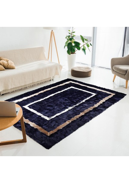 Lacivert Altın Koyun Derisi Halı, Şık ve Modern Tasarımlı Salon Halısı, Kaymaz Tabanlı Halı