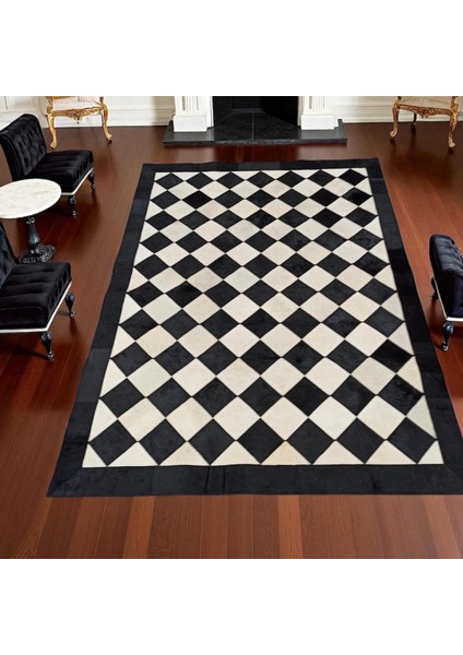 Siyah Beyaz Baklava Desenli Dana Derisi Patchwork Halı – El Yapımı Modern Salon Halısı