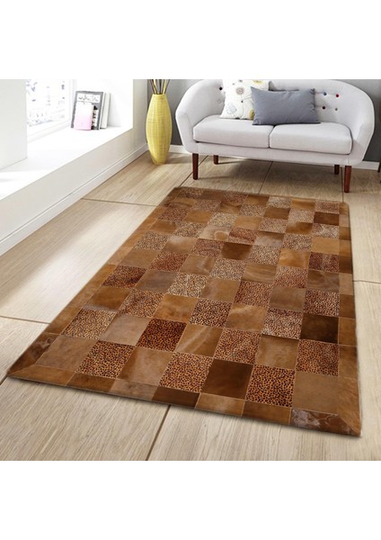 Kahverengi Doğal Dana Derisi Patchwork Halı – El Yapımı Hakiki Deri Kaymaz Koridor Halısı