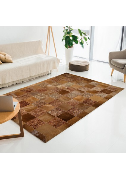 Kahverengi Doğal Dana Derisi Patchwork Halı – El Yapımı Hakiki Deri Kaymaz Koridor Halısı fiyatları