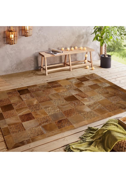 Kahverengi Doğal Dana Derisi Patchwork Halı – El Yapımı Hakiki Deri Kaymaz Koridor Halısı fırsatları