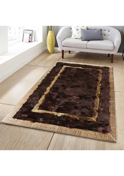 Altın Çerçeveli Koyu Kahverengi Toskana Halı, Doğal Renkli Modern Dekoratif Halı