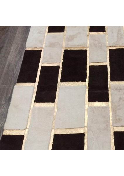 Altın Detaylı Modern Siyah ve Krem Desenli Peluş Halı - Şık Salon Halısı fiyatları