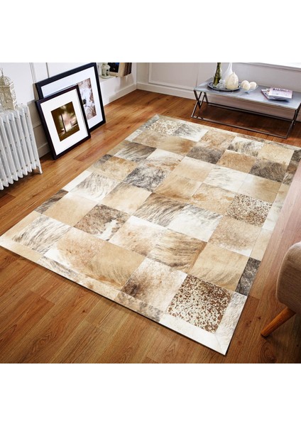 Krem Renkli Doğal Dana Derisi Patchwork Halı – El Dokuma Hakiki Deri Şık Giriş Halısı