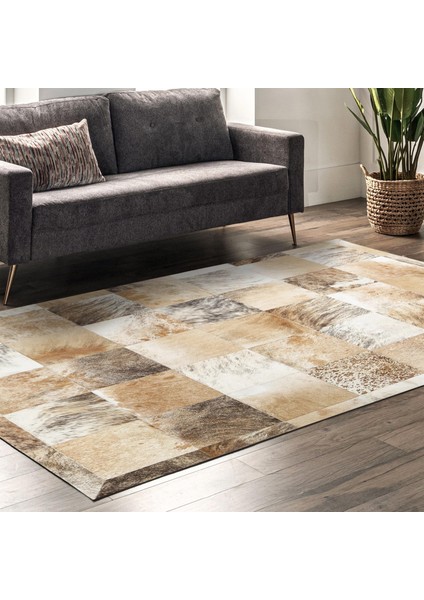 Krem Renkli Doğal Dana Derisi Patchwork Halı – El Dokuma Hakiki Deri Şık Giriş Halısı fiyatları