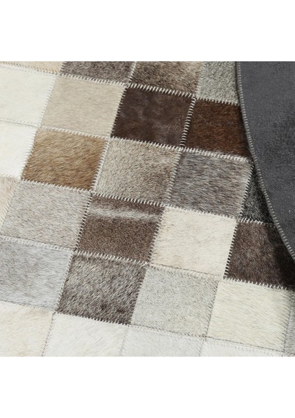 Gri Patchwork Yuvarlak Dana Derisi Halı – El Yapımı Doğal ve Modern Salon Halısı fiyatları