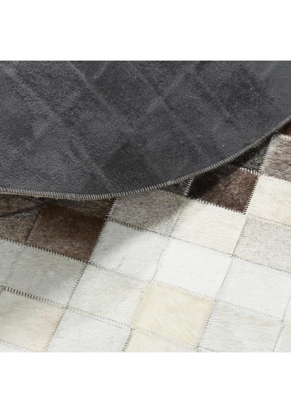 Gri Patchwork Yuvarlak Dana Derisi Halı – El Yapımı Doğal ve Modern Salon Halısı modelleri