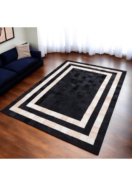 Bej Siyah Dana Derisi Patchwork Halı – El Yapımı Hakiki Deri Kaymaz Giriş Halısı
