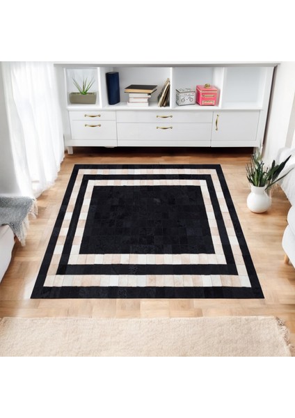 Bej Siyah Dana Derisi Patchwork Halı – El Yapımı Hakiki Deri Kaymaz Giriş Halısı modelleri
