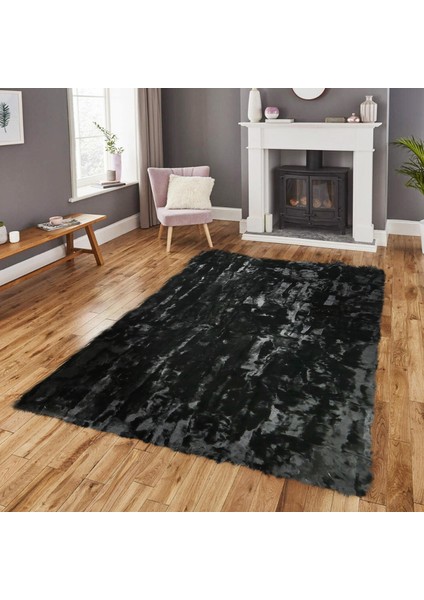 Siyah Doğal Tavşan Halısı - Modern ve Şık Tasarımlı Salon Halısı, Yumuşak Dekoratif Halı