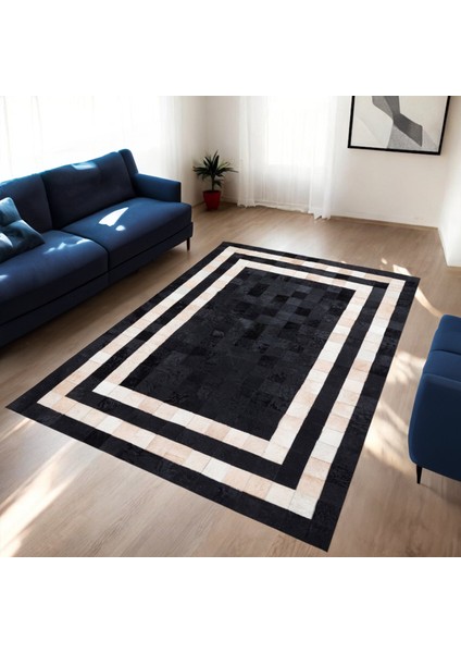 Bej Siyah Dana Derisi Patchwork Halı – El Yapımı Hakiki Deri Kaymaz Giriş Halısı indirimleri