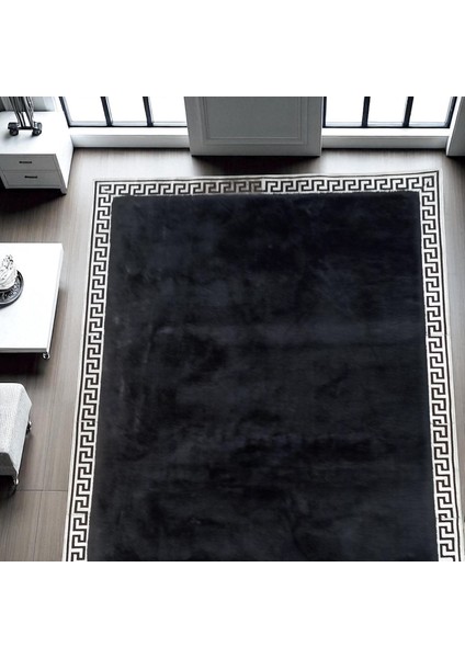 Gümüş Bordürlü Siyah Peluş Halı – El Yapımı Yumuşak ve Şık Salon Halısı fırsatları