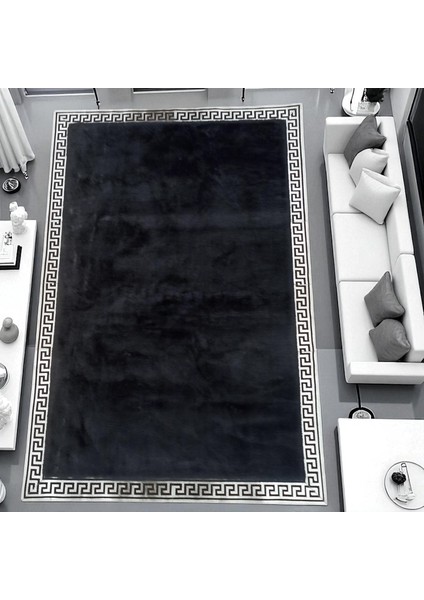 Gümüş Bordürlü Siyah Peluş Halı – El Yapımı Yumuşak ve Şık Salon Halısı indirimleri