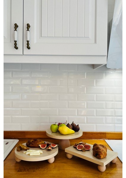 Bej Kayın Ayaklı 3'lü Mdf Tabak Sunum Seti