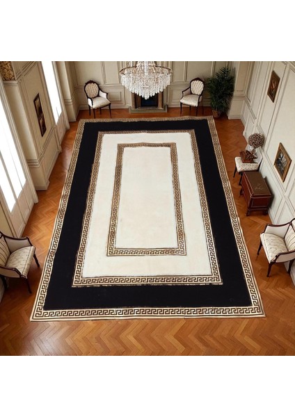 Altın Bordürlü Krem Peluş Halı - Yumuşak Şık Oturma Odası Halısı fiyatları