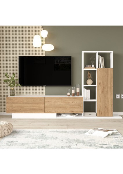 Forte Tv Ünitesi Kapaklı Kitaplık Raf Sepet-Beyaz For1-Sw