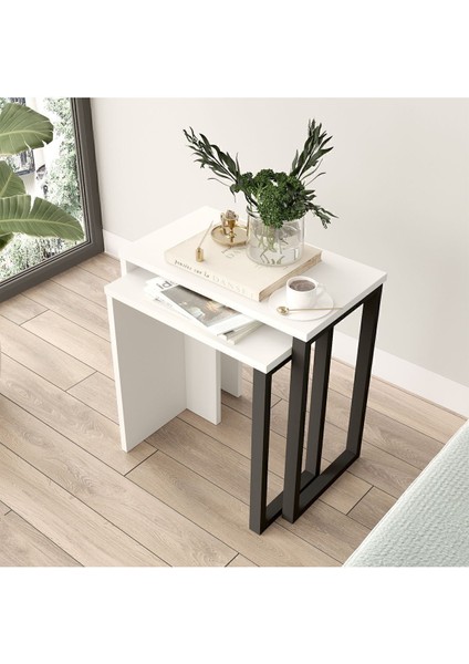 Bohem 2'li Zigon Sehpa Yan Sehpa Metal Ayaklı Uv Baskı Sepet-Jüt Boh7-W