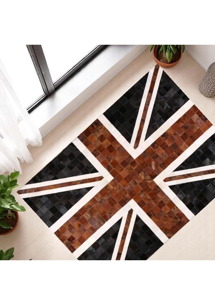 Ingiltere Bayrak Baskılı Dana Derisi Patchwork Halı – El Yapımı Hakiki Deri Dekoratif Salon Halısı modelleri