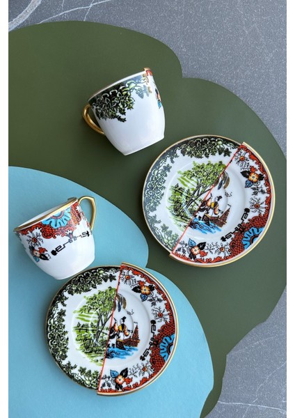 Iki Kişilik Özel Tasarım Yeşil Porselen Fincan Takımı