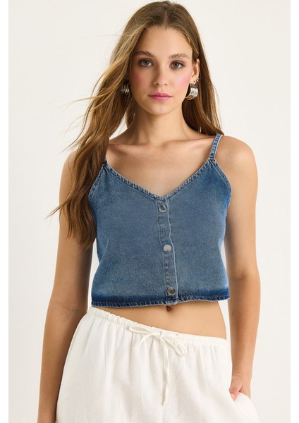 Kadın Ince Askılı V Yaka Crop Denim Bluz