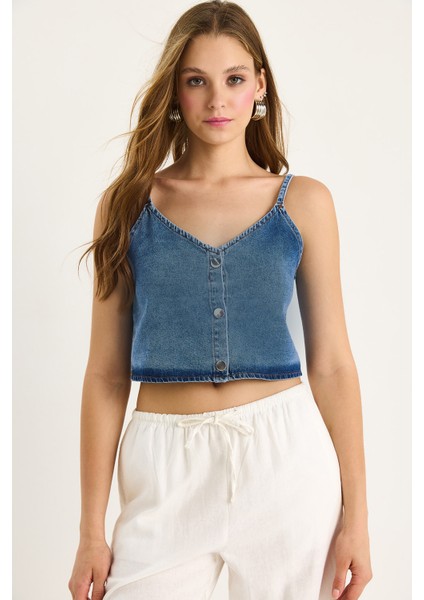 Kadın Ince Askılı V Yaka Crop Denim Bluz fiyatları