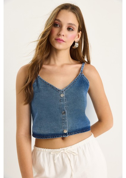 Kadın Ince Askılı V Yaka Crop Denim Bluz modelleri