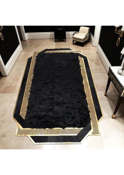Lüks Siyah Toskana Koyun Derisi Halı, Kaymaz Tabanlı ve Şık Tasarımlı Salon Halısı