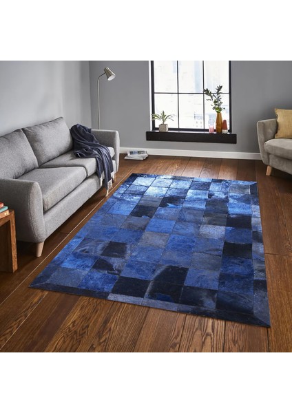 Mavi Dana Derisi Patchwork Halı, Lüks Dekoratif Halı, Kaymaz Tabanlı Hakiki Deri Halı