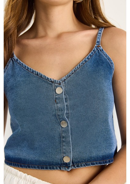 Kadın Ince Askılı V Yaka Crop Denim Bluz indirimleri